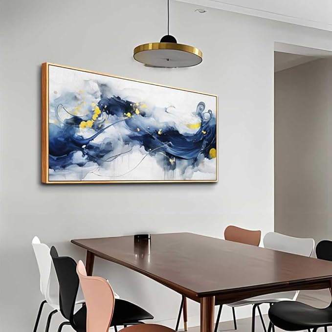 hyidecorart Wood Framed Canvas Art Prints Wall Art For Living Room Large Size Wall Decor For Office Bedroom Wall Decorations Pictures Artwork Blue Abstract Ink Paintings Ready To Hang Home Decor