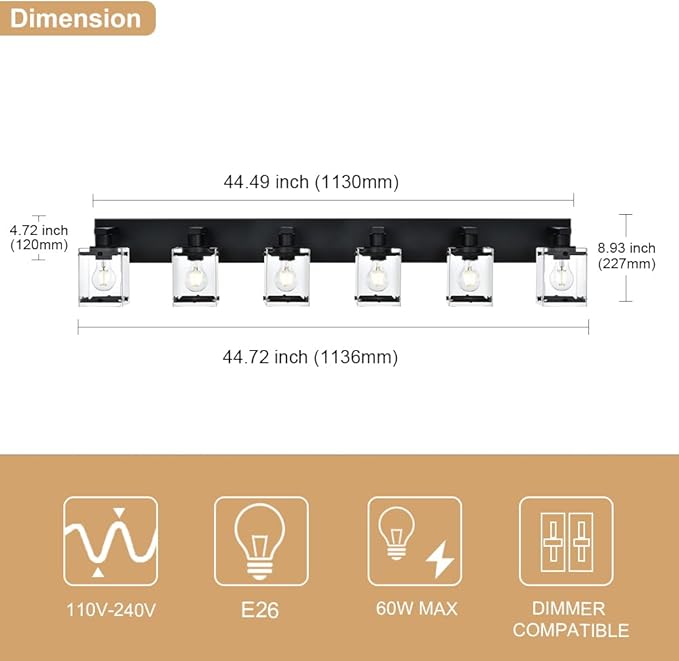 6-Light Bathroom Light Fixture Black Finish, Modern Vanity Lighting with Rectangular Clear Glass for Over Mirror Kitchen E26 Bulb Base