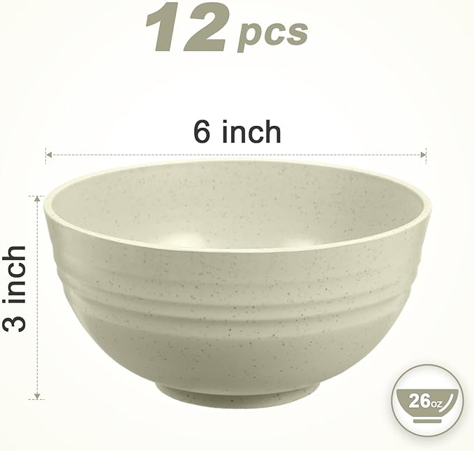 12 Pcs Unbreakable Cereal Bowls Set, 26 Oz Wheat Straw Bowls Set, Microwave & Dishwasher Safe Bowls for Kitchen, Reusable Plastic Bowls for Soup, Salad and Snack, BPA Free, Multicolor