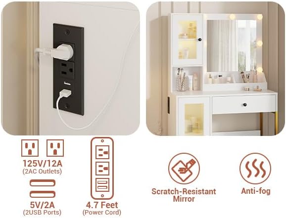 Vanity Desk with Mirror and Lights, Makeup Dressing Table w/Adjustable Bulbs, Outlets & USB Ports, Sturdy MDF Top & Metal Leg, Smart Storage Drawers & Cabinets for Bedroom