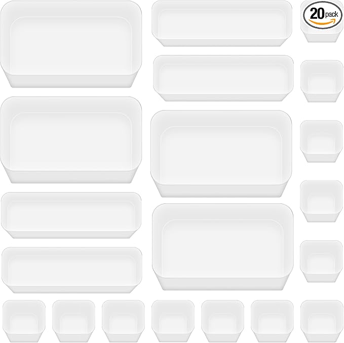 Poeland 20 Pcs Drawer Organizer Tray Storage Box for Bedroom Dresser Bathroom Kitchen, Frosted