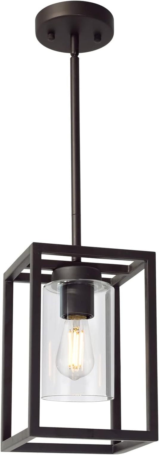 VINLUZ Modern 1-Light Cage Kitchen Island Pendant Lighting with Glass Shade Oil Rubbed Bronze Chandeliers Dining Room Lighting Fixtures Hanging Semi Flush Mount Ceiling Lights Bedrooms Hallway