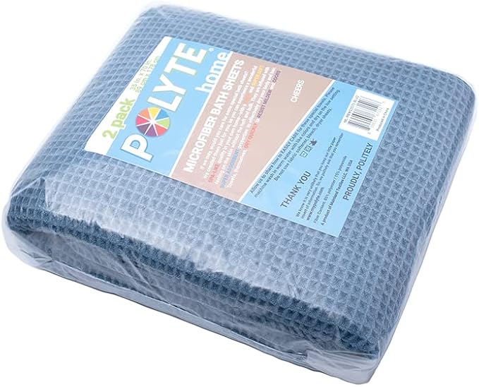 POLYTE Microfiber Quick Dry Lint Free Bath Sheet, 70 x 35 in, Set of 2 (Blue, Waffle Weave)