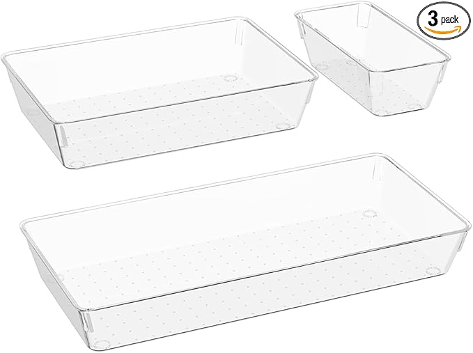 3 PCS Large Drawer Organizer, 3Sizes Plastic Versatile Desk Drawer Organizer Trays with Non-Slip Silicone Pads, Storage Bins for Makeup, Office, Kitchen Gadgets Utensils, Bedroom, Tools, Bathroom