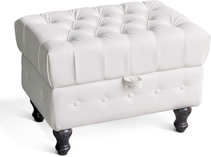 Artechworks Coffee Table Ottoman with Storage,Button Tufted PU Leather Upholstery Footstool Bed Ottoman for Living Room, Home Office, Space-Saving Storage Toy Box Stool, White