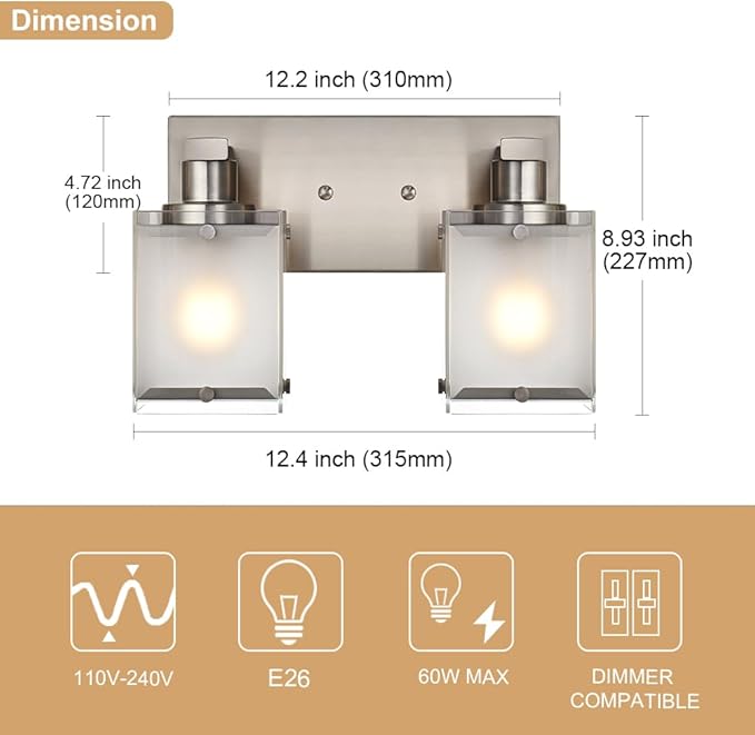 2-Lights Wall Sconce Lighting, Brushed Nickel Bathroom Vanity Light Fixture with Rectangular Frosted Glass for Over Mirror, E26 Bulb Base