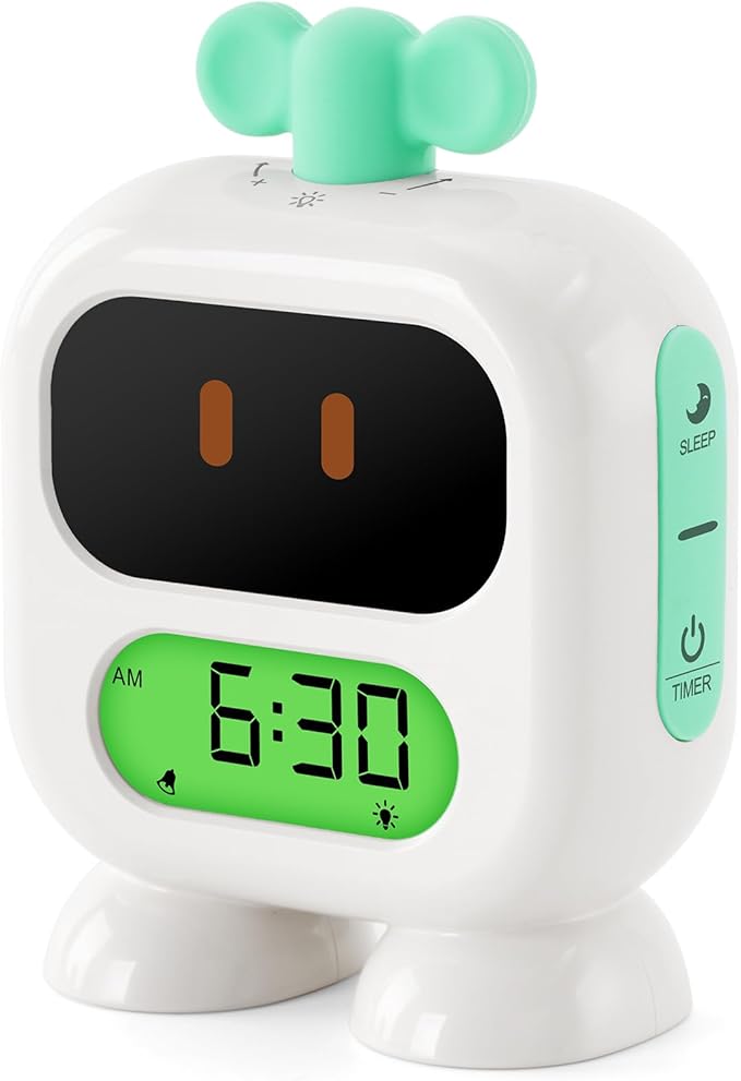 Kids Alarm Clock Ok to Wake with Green Light Red Light, Nap Timer, Robot Toddler Sleep Training Clock for Children (Green)