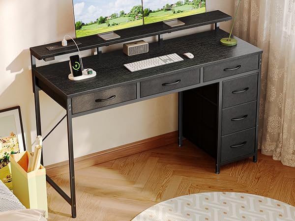 Huuger Gaming Desk with 6 Drawers, Computer Desk with LED Lights Power Outlets and Type-C, 47 Inch Office Desk with Storage, Monitor Stand, Writing Desk Work Desk Home Office, Bedroom, Study, Black