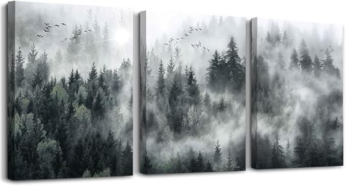 MHARTK66 Wall Decor Living Room Large Size Canvas Wall Art For Bedroom Foggy Forest Trees Landscape Wall Painting Office Decor Wall Decorations Ready To Hang Framed Wall Pictures Home Decor 3 Pieces
