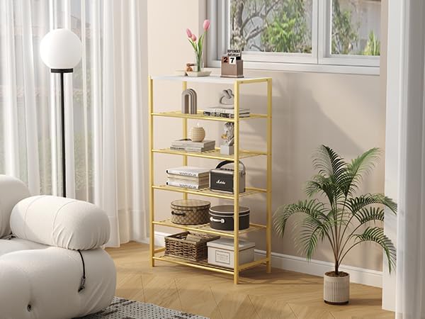 HOMEFORT Shoe Rack 6-Tier, Shoe Storage Shelf, Industrial Shoe Tower, Narrow Shoe Organizer for Closet Entryway, Small Shoe Rack Table with Durable Metal Shelves,Gold