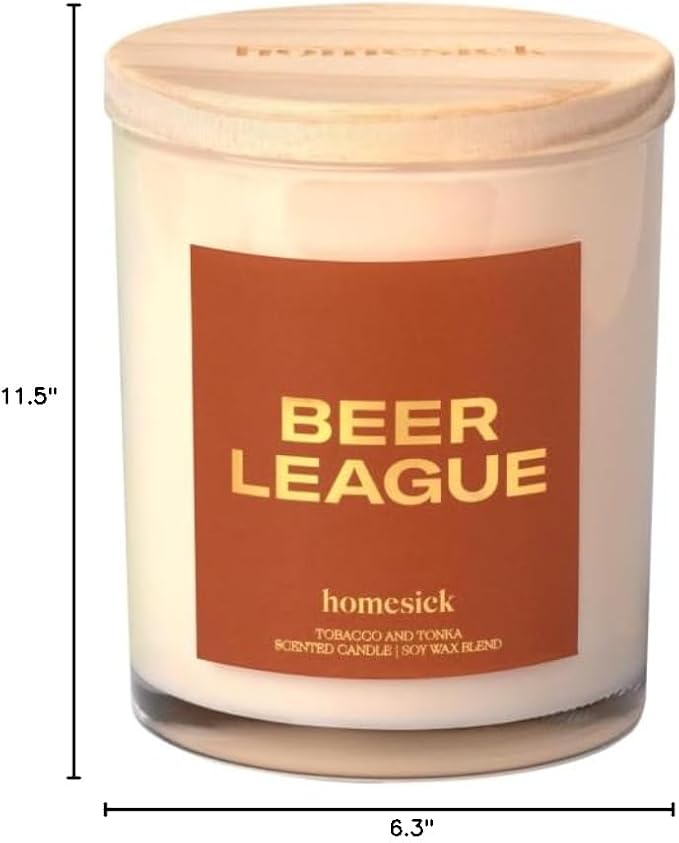 Homesick Scented Candles for Home (Beer League) - 7.5 oz Long-Lasting Natural Soy Wax Blend Jar Candle Gift for Women & Men for All Occasions, 30-35 Hours Burn Time - Notes of Tobacco & Tonka