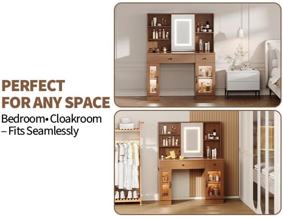 Vanity Desk with Mirror and Lights, Glass Top Vanity Desk with Sliding LED Mirror & 3-Color Lights, Makeup Dressing Table with Storage Drawers, Rainbow Glass Cabinets, USB/AC Outlets, MDF Beauty Hub