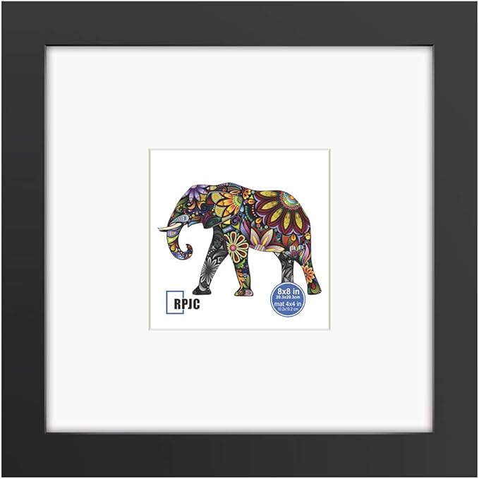 RPJC 8x8 Soild Wood Picture Frame with High Definition Glass Display Pictures 4x4 with Mat or 8x8 Without Mat for Wall Mounting Hanging Photo Frame Black