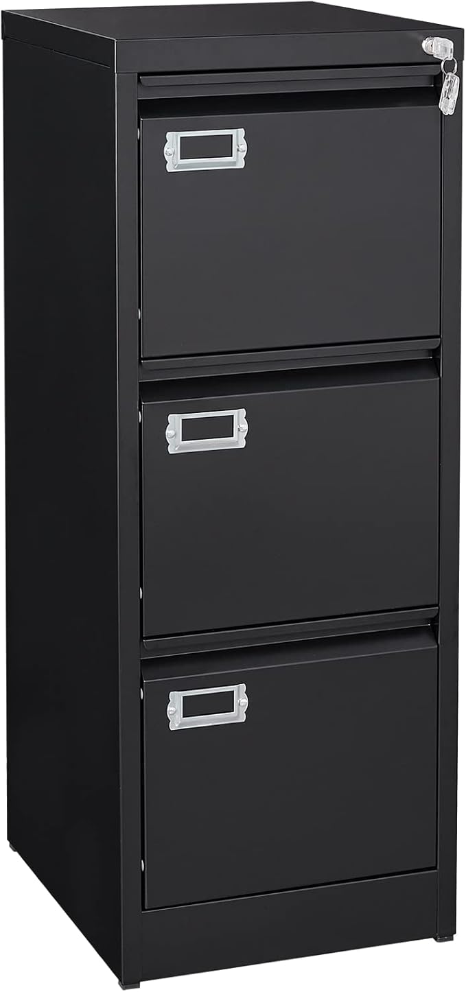 3-Drawer File Cabinet, 16.3" Deep Vertical Filing Cabinet with Lock, Metal File Cabinet for Home Office, Anti-Tip 3 Storage Drawers for Letter/Legal/A4/F4 Size, Assembly Required, Black