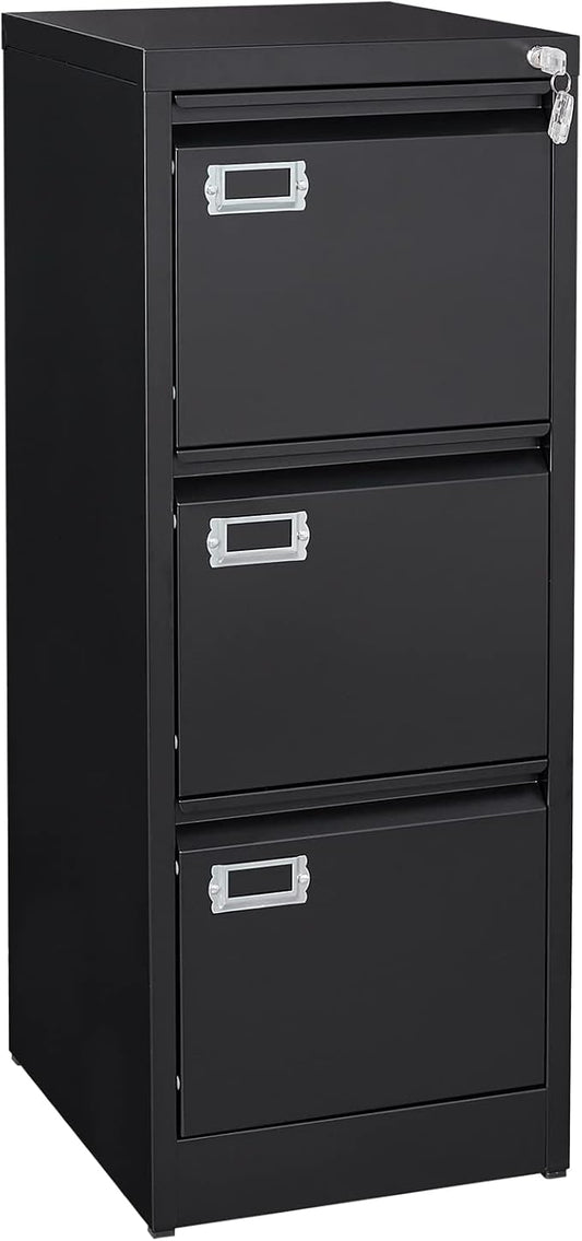 3-Drawer File Cabinet, 16.3" Deep Vertical Filing Cabinet with Lock, Metal File Cabinet for Home Office, Anti-Tip 3 Storage Drawers for Letter/Legal/A4/F4 Size, Assembly Required, Black