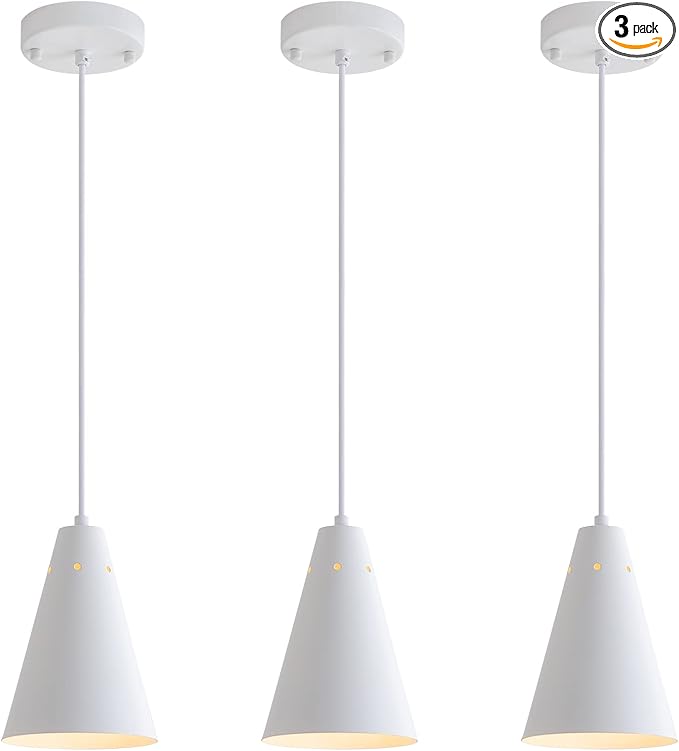 Dijiahua White Pendant Lights Kitchen Island,Dining Room Light Fixtures Over Table 3 Pack with Cone Metal Shade, Modern Farmhouse Mini Chandeliers,Adjustable Cord Hanging Lighting for Bar,Sink