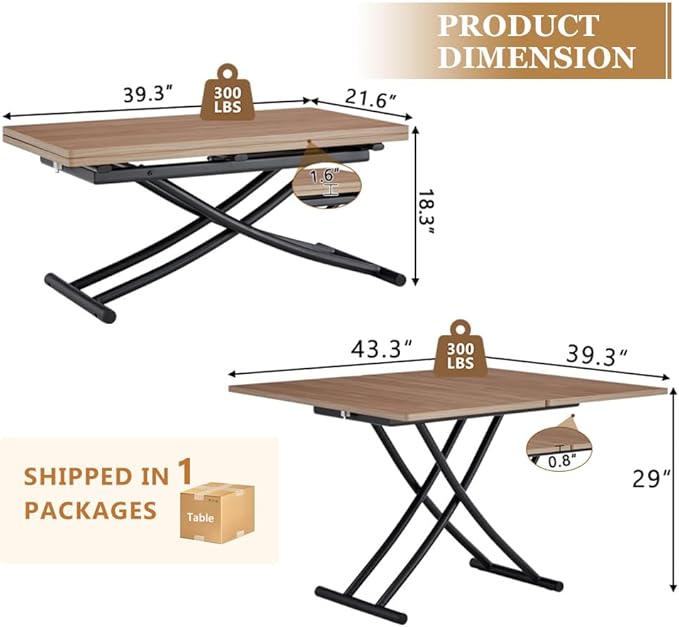 4 in 1 Folding Dining Table with Adjustable Lift Top & Wheels, Multi-Function Coffee Table to Dining Table for Apartments, Kitchens, Living Rooms, Scratch-Resistant & Easy Assembly