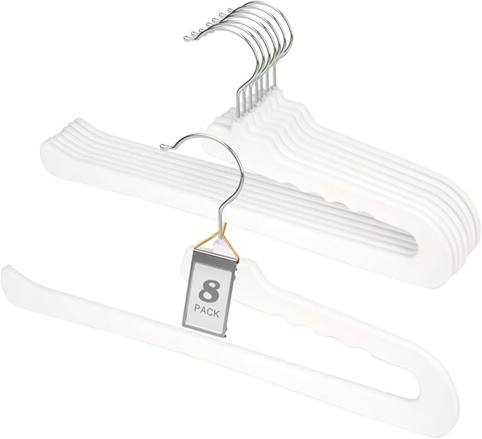 Velvet Pants Hangers,8 Pack Non Slip Felt Slack/Trouser Hanger,Slim & Sleek Heavy Duty Space Saving Closet with 360° Swivel Hook,Tank Top Hangers for Shorts,Jeans,Suit Pants,Towel(White)