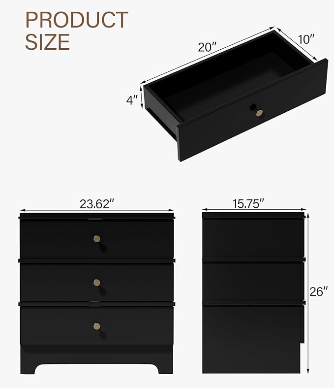 3 Drawer Nightstand with Charging Station,24" Farmhouse Night Stand & Modern Bedside Table, Wood End Table Storage Cabinet for Bedroom Hallway, Entryway,Black Set of 2