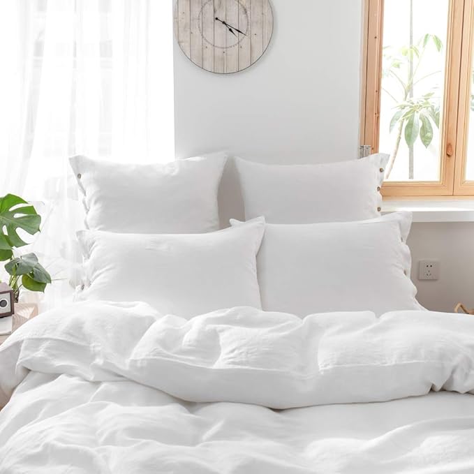 Simple&Opulence 100% Washed Linen Euro Sham Cover, 26 x 26 Inch, Decorative Bed Pillow Cover with Coconut Button, Solid Color Pillow Shams Set of 2 (White)