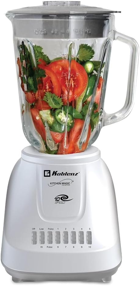 Koblenz 51-oz Glass Jar Blender, 10 Speed and 2 Pulse Blender, Countertop Blender with Stainless Steel Blades, Perfect for Shakes and Smoothies, 500-Watt Motor, White, LKM-5910 VB