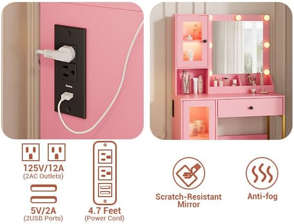 Vanity Desk with Mirror and Lights, Makeup Dressing Table w/Adjustable Bulbs, Outlets & USB Ports, Sturdy MDF Top & Metal Leg, Smart Storage Drawers & Cabinets for Bedroom