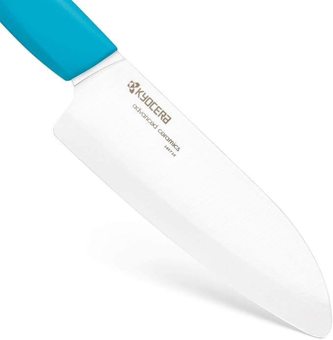 Kyocera’s Revolution Series 5.5” Ceramic Santoku Knife, Chef Knife For Your Cooking Needs, Blue Handle, White Blade