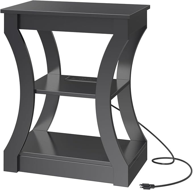 End Table with Charging Station, Side Table with USB Ports and Outlets, 3 Tier Nightstand with Storage Shelf for Small Spaces, Living Room, Bedroom, Black ETBK53E01