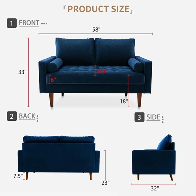 Modern Sofa,58 Inch Velvet Couch for Living Room,Spring Cushions,Easy Assembly Modern Couches with Throw Pillow for Small Spaces (Space Blue)