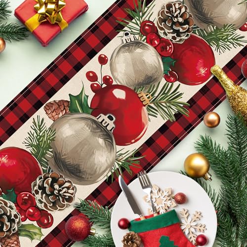 Croar Christmas Balls Dining Table Runner, Xmas Pine Cones Needle Branches Holly Berries Burlap Kitchen Decoration, Winter Holiday Plaid Farmhouse Indoor Outdoor Home Decor Party Supply 13 x 72 Inches