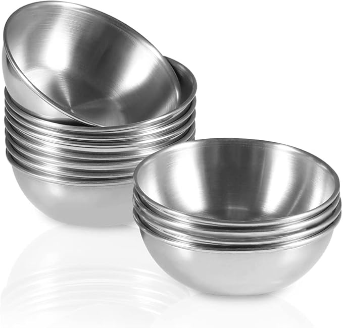 12 Pack 3.2inch Stainless Steel Sauce Dishes Mini Individual Saucers Bowl Round Seasoning Dishes Sushi Dipping Bowl Appetizer Plates, Sliver