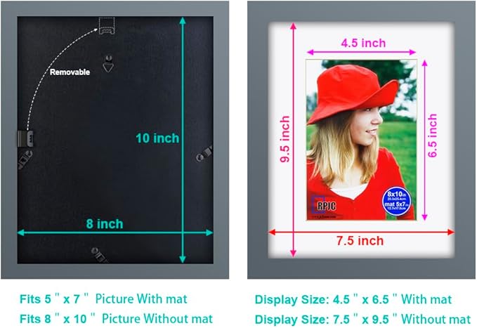 RPJC 8x10 inch Picture Frame Made of Solid Wood and High Definition Glass Display Pictures 5x7 with Mat or 8x10 Without Mat for Wall Mounting Photo Frame Grey