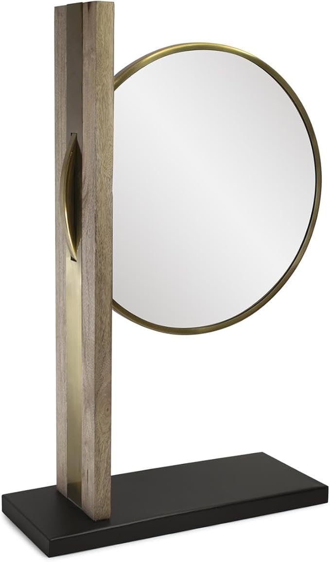Howard Elliot Skoda Round Table Top Mirror with Stand, Table Desk Vanity Makeup Mirror with Stainless Steel Brushed Brass Frame & Mango Wood Base, Modern Accent Mirror Decor, Brass, 28.5 x 18 Inch