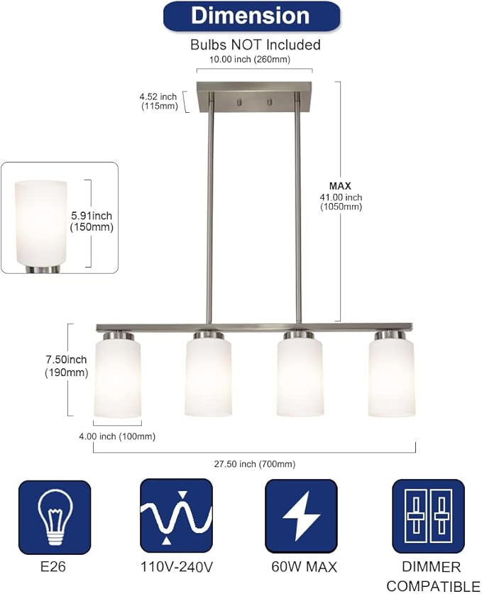 Brushed Nickel Kitchen Island Light, Farmhouse Pendant Light Fixtures with Opal White Glass Shades Modern Linear Ceiling Hanging Light for Living Room