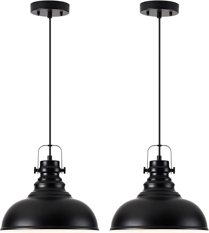 Industrial Pendant Light Fixture, Farmhouse Decor Adjustable Metal Hanging Lamp, Vintage Pendant Lighting for Kitchen Restaurant Dining Room Cafe, E26 Base Black (Black, 2 Pack)