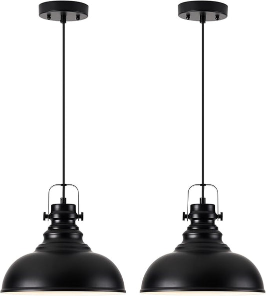 Industrial Pendant Light Fixture, Farmhouse Decor Adjustable Metal Hanging Lamp, Vintage Pendant Lighting for Kitchen Restaurant Dining Room Cafe, E26 Base Black (Black, 2 Pack)