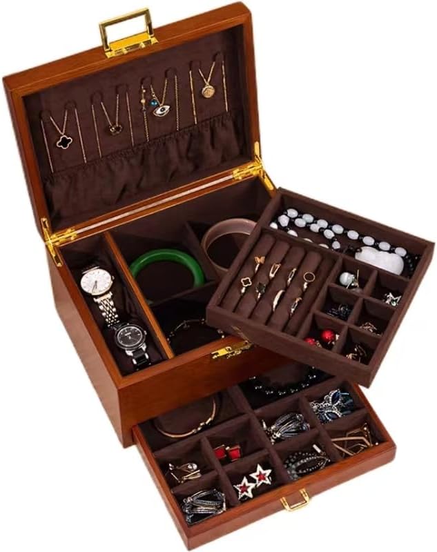 Bescott 3 Layer Solid Wooden Jewelry Box for Women Real Wood Vintage Jewelry Organizer Storage for Earrings Rings Necklaces Bracelet Watch Men