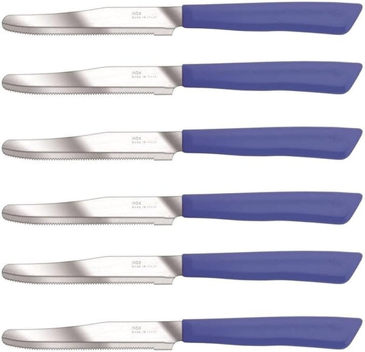 Tredoni 6 kitchen Knives - 4.3"/11cm Italian Stainless Steel Serrated Vegetable/Steak/Table Knife Cutlery, Rounded Tip (Blue)