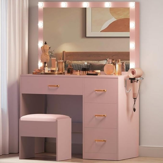 DWVO Vanity Desk with Large Mirror and Lights, Makeup Vanity Set with 11 LED Bulbs and Power Outlet, 4 Storage Drawer, Dressing Table with 3-Color Adjustable Lighting, Vanity Stool, Pale Pink