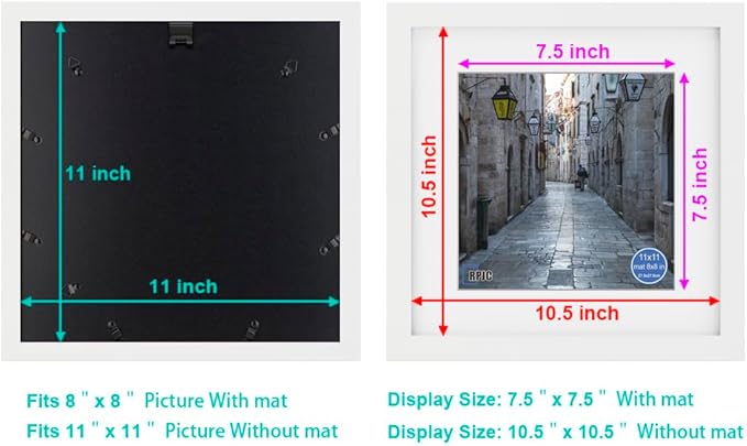 RPJC 11x11 inch Picture Frame Made of Solid Wood and High Definition Glass Display Pictures 8x8 with Mat or 11x11 Without Mat for Wall Mounting Photo Frame White