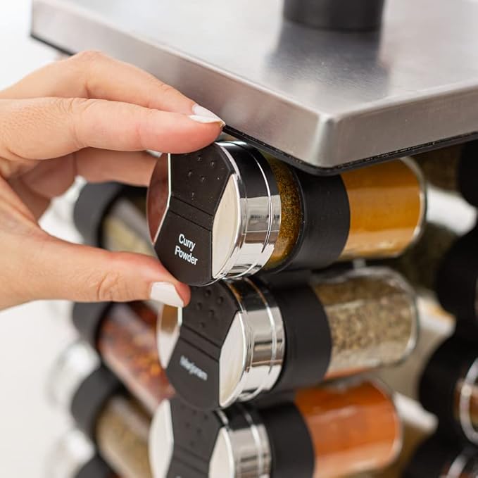 Orii 20 Jar Spice Rack with Spices Included - Tower Organizer for Kitchen Spices and Seasonings, (Silver Black)