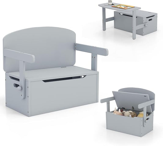 HONEY JOY Kids Table and Chair Set, 3-in-1 Convertible Wooden Toy Storage Bench with Handle, Toddler Furniture Set for Daycare Playroom, Gift for Boys Girls 3+ (Gray)
