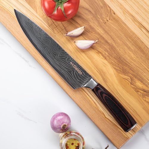 Seido Knives Master Chef Knife Japanese Handmade High Carbon Steel 8 inch - Perfectly Well-Balanced Pakka Wood Handle Kitchen Slicing Knife Razor-sharp Blade Precision Cutting