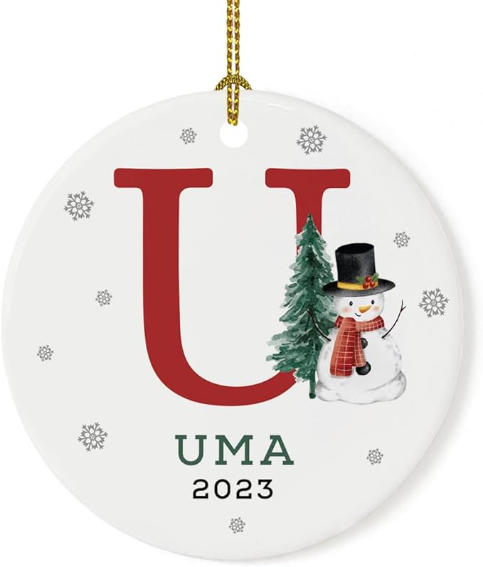 Andaz Press Personalized Ornament, Custom Name, Initial U Monogram Snowman 2.8" Ceramic Porcelain 2025 Christmas Ornament Keepsake for Kids, Boys, Girls, Includes Gold Ribbon & Gift Box, 1-Pack