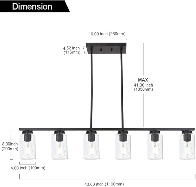 Black 6-Lights Kitchen Island Light with Clear Glass Shades, Farmhouse Hanging Pendant Light Fixture for Farmhouse Dining Room Living Room