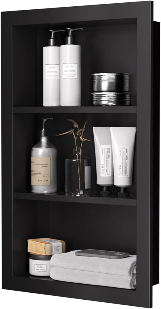Stainless Steel Shower Niche 14" X 24"，3-Tier Shelf Niches Bathroom Shelf Recessed Wall Niche No Tile Needed Shower Shelf for Bathroom Storage(Black, 14 x 24)