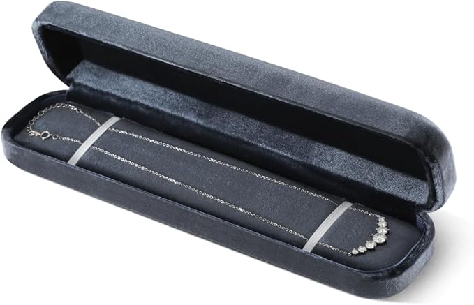 Resilient Velvet Ring Earrings Bracelet Necklace Display Box, Travel Mini Jewelry Organizer Case (Gray, Long Chain Box)