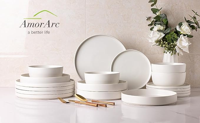 AmorArc Stoneware Dinnerware Sets with Pasta Bowl Set, Reactive Ceramic Plates and Bowls Set, Highly Chip and Crack Resistant | Dishwasher & Microwave Safe | Round Dishes Set Service for 4 (16pc)