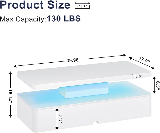 MXV Modern Coffee Table, 40 Inches Coffee Tables with 16 Colors LED Lights, 2 Tier Rectangular Center Table, Large Storage Space, High Glossy Wooden Tea Table for Living Room, Bedroom, Office, White