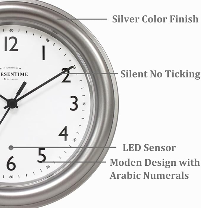 Presentime & Co. 8.5" Modern Farmhouse Night Light Wall Clock, Silent Non Ticking, Silver Color. (Luminous Wall Clock for Office, Home, Bathroom, Kitchen, Bedroom, and School)
